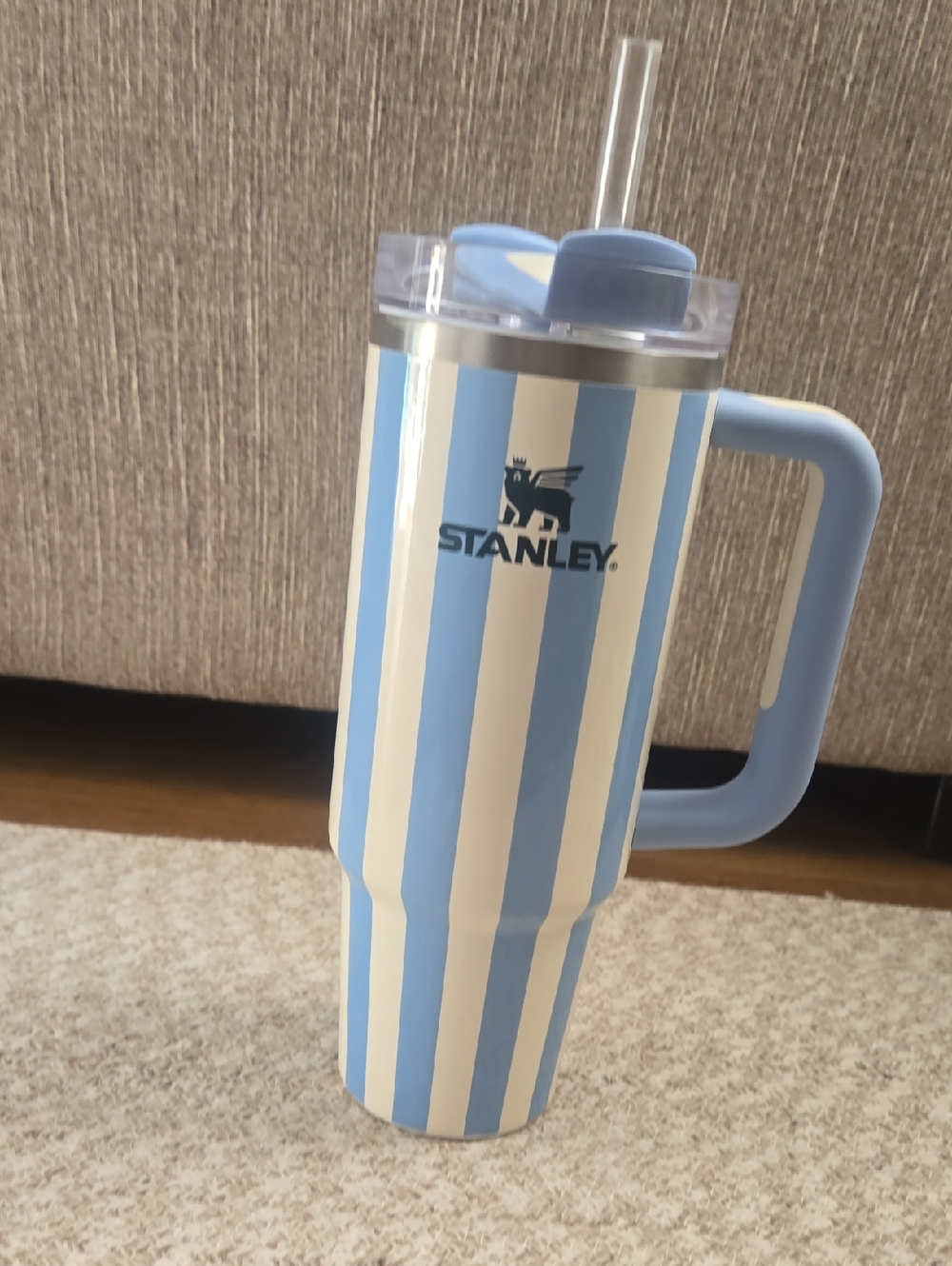 Stanley Blue and White Striped Insulated Tumbler with Handle